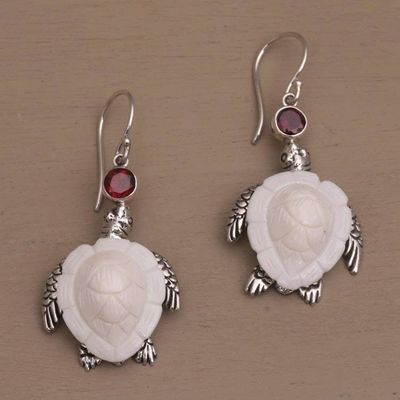 Alternate image for Handmade Garnet and Bone Turtle Dangle Earrings from Bali Kurma Turtles