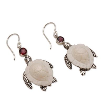Alternate image for Handmade Garnet and Bone Turtle Dangle Earrings from Bali Kurma Turtles