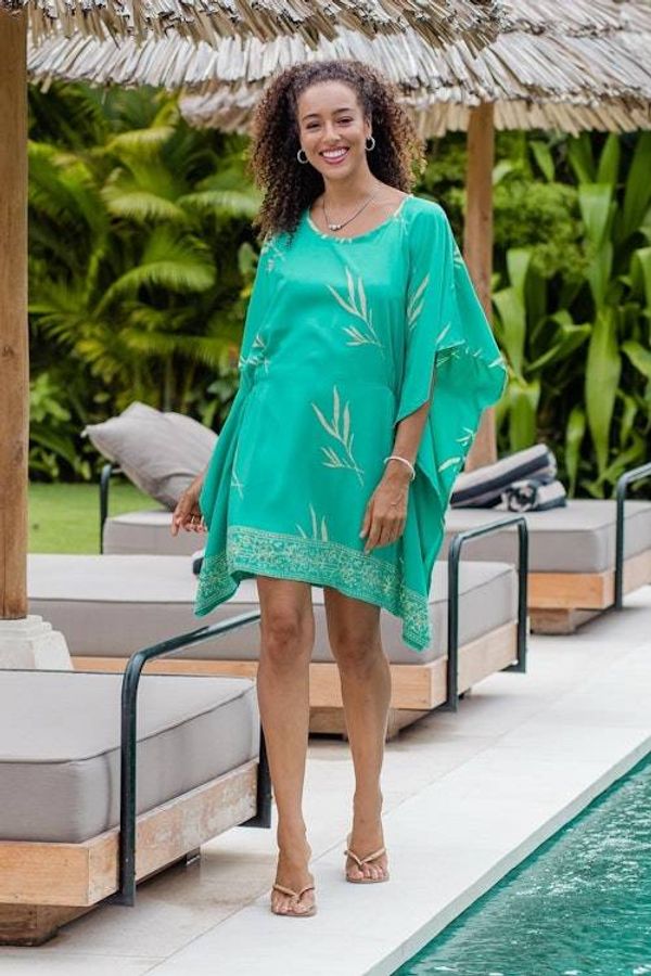 Alternate image for Batik Rayon caftan in Turquoise and Lemon Balinese Breeze in Turquoise