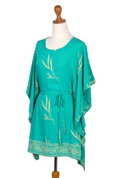 Alternate image for Batik Rayon caftan in Turquoise and Lemon Balinese Breeze in Turquoise