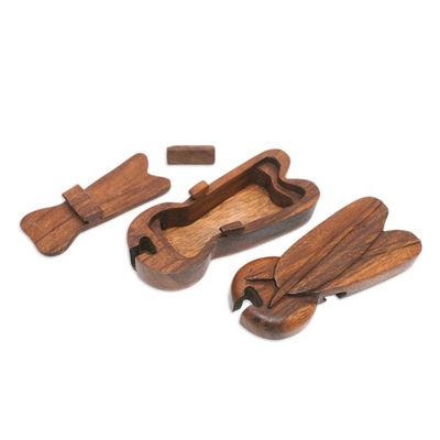 Alternate image for Hand-Carved Cricket-Themed Suar Wood Puzzle Box Crickets Challenge
