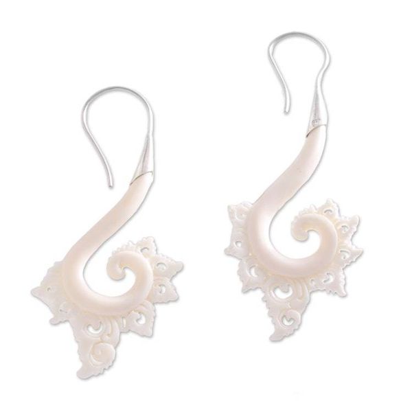 Alternate image for Spiral Motif Bone Drop Earrings Crafted in Bali Peaceful Spirals