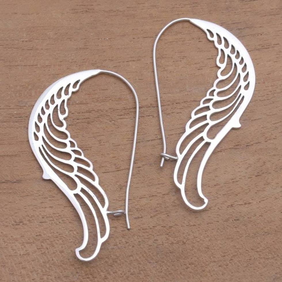 Wing-Shaped Sterling Silver Hoop Earrings from Bali 'Otherworldly Wings'