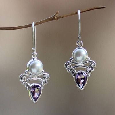 Primary image for Amethyst and Pearl Dangle Earrings Guardian Moon