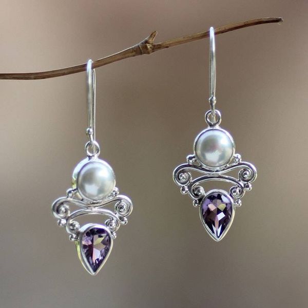Alternate image for Amethyst and Pearl Dangle Earrings Guardian Moon