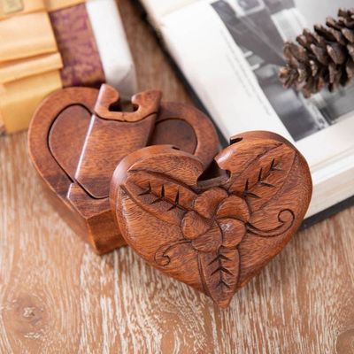 Alternate image for Hand-Carved Floral Brown Suar Wood Puzzle Box from Bali Frangipani Challenge