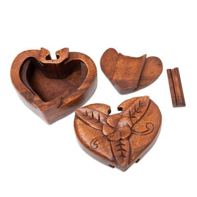 Alternate image for Hand-Carved Floral Brown Suar Wood Puzzle Box from Bali Frangipani Challenge