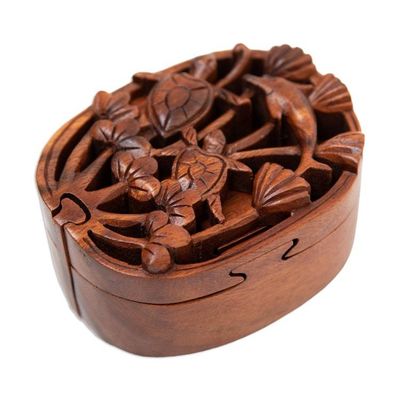 Alternate image for Marine-Themed Brown Suar Wood Puzzle Box Handcrafted in Bali Hidden Ocean
