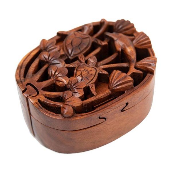 Alternate image for Marine-Themed Brown Suar Wood Puzzle Box Handcrafted in Bali Hidden Ocean