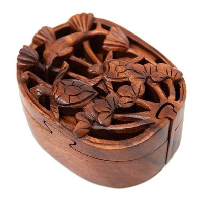 Alternate image for Marine-Themed Brown Suar Wood Puzzle Box Handcrafted in Bali Hidden Ocean
