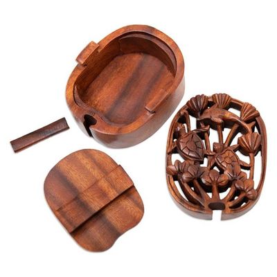 Alternate image for Marine-Themed Brown Suar Wood Puzzle Box Handcrafted in Bali Hidden Ocean