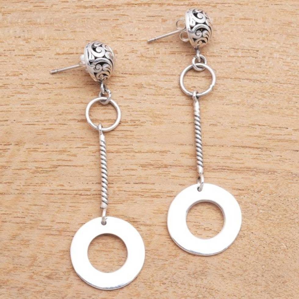 Round Sterling Silver Dangle Earrings from Java 'Loop Gleam'