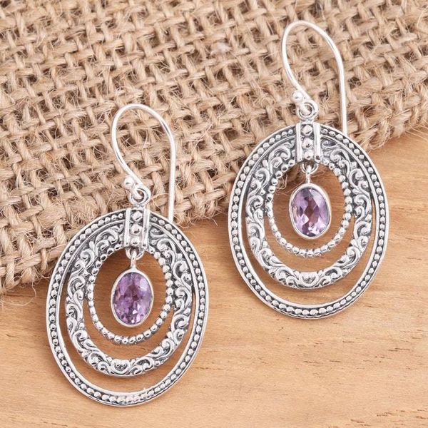 Alternate image for Concentric Circle Amethyst Earrings Balinese Motif Inner Circles in Purple