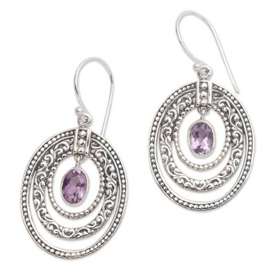 Alternate image for Concentric Circle Amethyst Earrings Balinese Motif Inner Circles in Purple