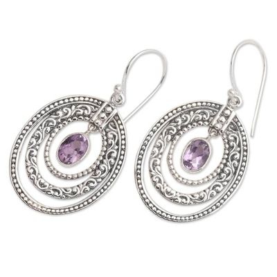 Alternate image for Concentric Circle Amethyst Earrings Balinese Motif Inner Circles in Purple
