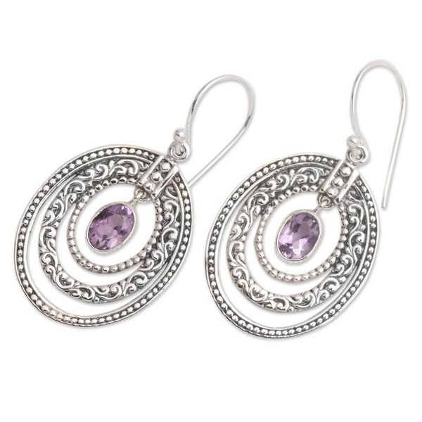 Alternate image for Concentric Circle Amethyst Earrings Balinese Motif Inner Circles in Purple