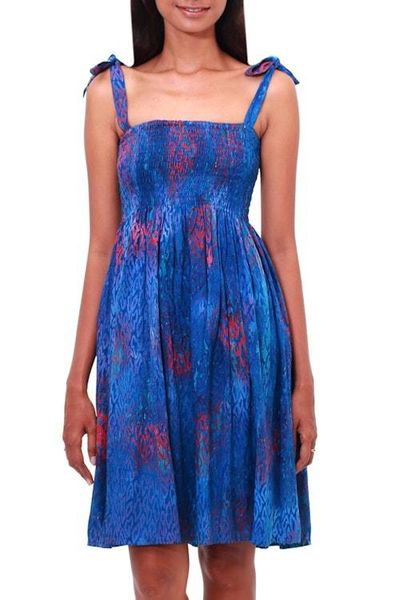 Primary image for Batik Motif Rayon Sundress in Blue and Crimson from Bali Rainy at Dawn