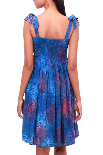 Alternate image for Batik Motif Rayon Sundress in Blue and Crimson from Bali Rainy at Dawn