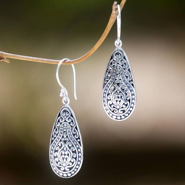 Alternate image for Engraved Sterling Silver Dangle Earrings from Bali Floral Pear