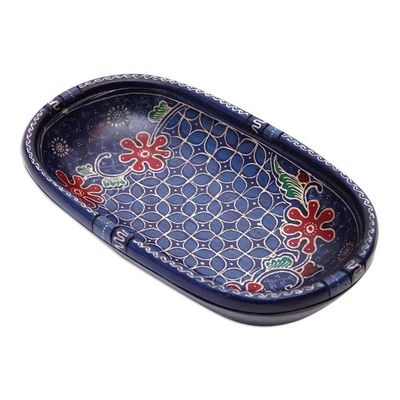 Alternate image for Handmade Batik Oblong-Shaped Blue Pule Wood Decorative Bowl Water Batik