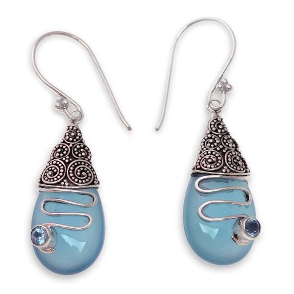 Alternate image for Blue Chalcedony and Blue Topaz Silver Earrings from Bali Kintamani Plateau