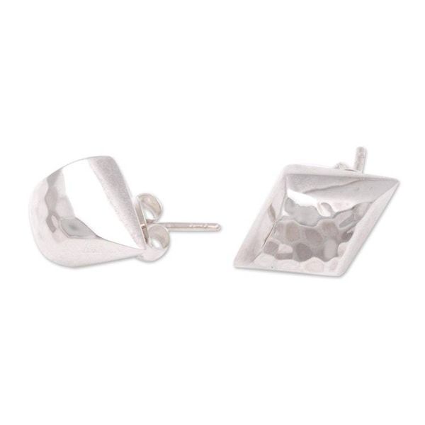 Alternate image for Diamond-Shaped Sterling Silver Button Earrings from Bali Hammered Diamonds