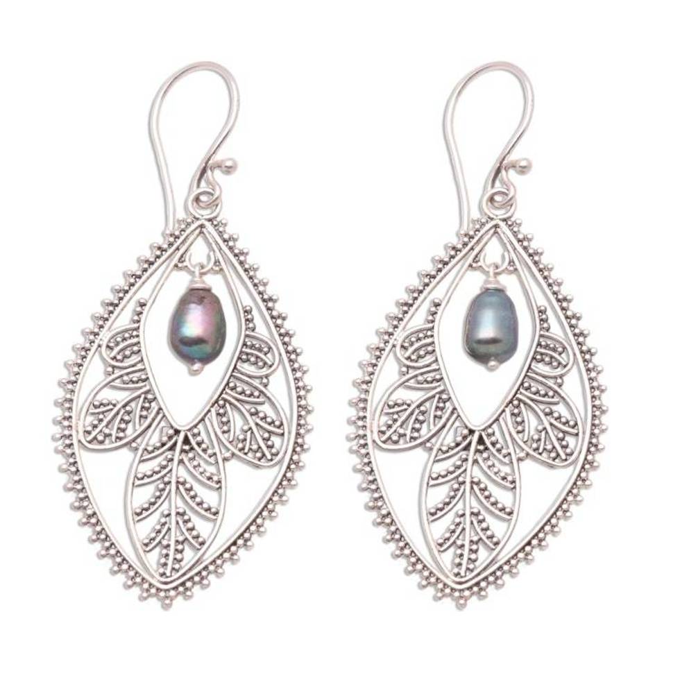 Sterling Silver and Pearl Dangle Earrings 'Black Dogwood'