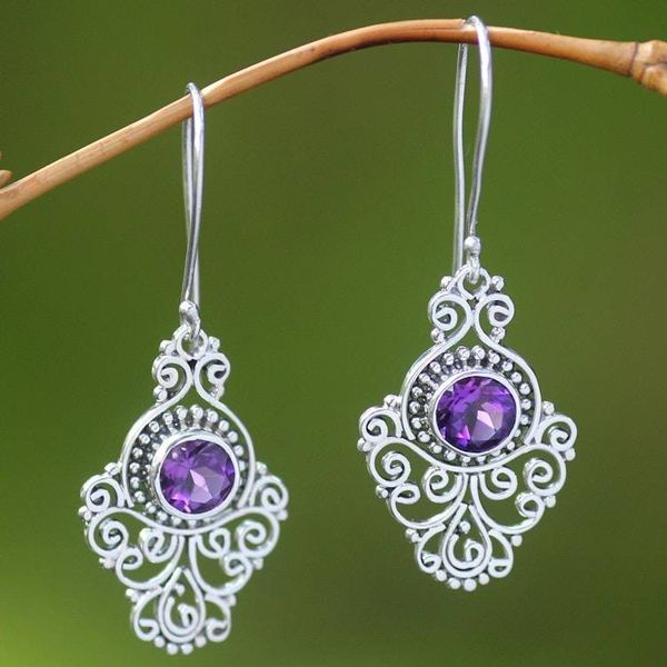Alternate image for Artisan Crafted Sterling Silver and Amethyst Earrings Peacock Aura