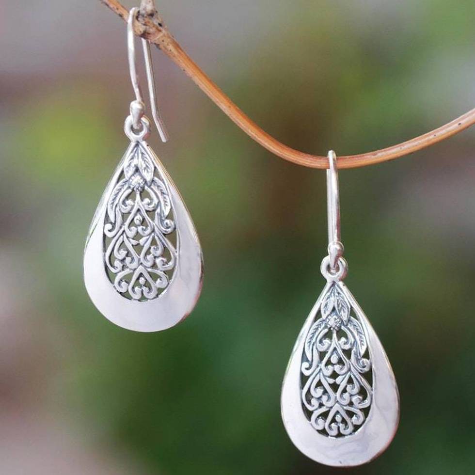 Drop-Shaped Floral Sterling Silver Dangle Earrings from Bali 'Hidden Flower'