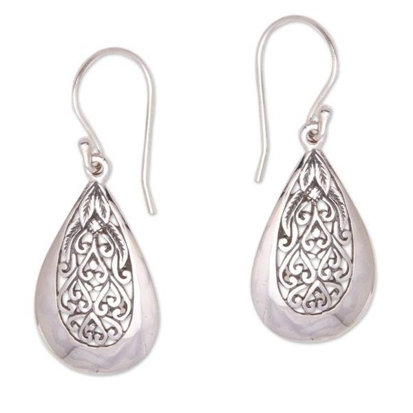 Alternate image for Drop-Shaped Floral Sterling Silver Dangle Earrings from Bali Hidden Flower