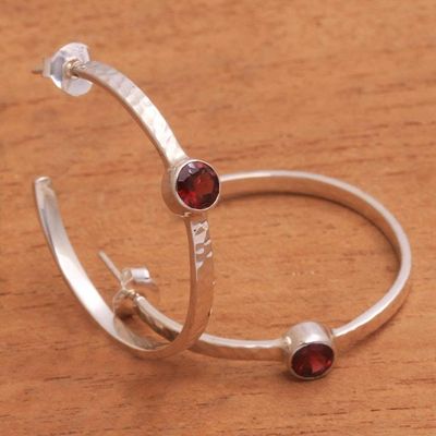 Alternate image for Sterling Silver Hammered Garnet Half-Hoop Earrings Pretty Paradox