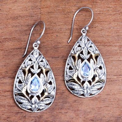 Primary image for Leaf Motif Gold-Accented Blue Topaz Dangle Earrings Hidden Jungle