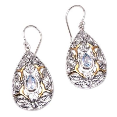 Alternate image for Leaf Motif Gold-Accented Blue Topaz Dangle Earrings Hidden Jungle