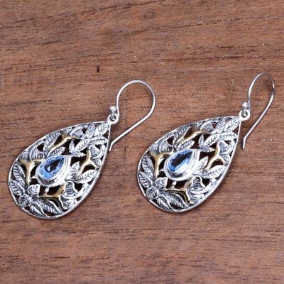 Alternate image for Leaf Motif Gold-Accented Blue Topaz Dangle Earrings Hidden Jungle