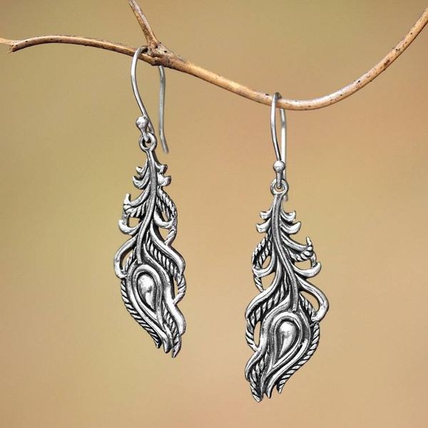 Alternate image for Sterling Silver Peacock Feather Dangle Earrings from Bali Peacock Luck