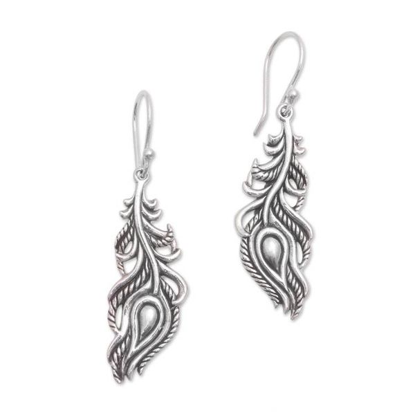 Alternate image for Sterling Silver Peacock Feather Dangle Earrings from Bali Peacock Luck