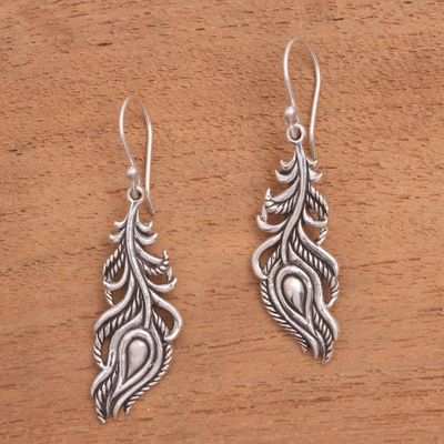Alternate image for Sterling Silver Peacock Feather Dangle Earrings from Bali Peacock Luck