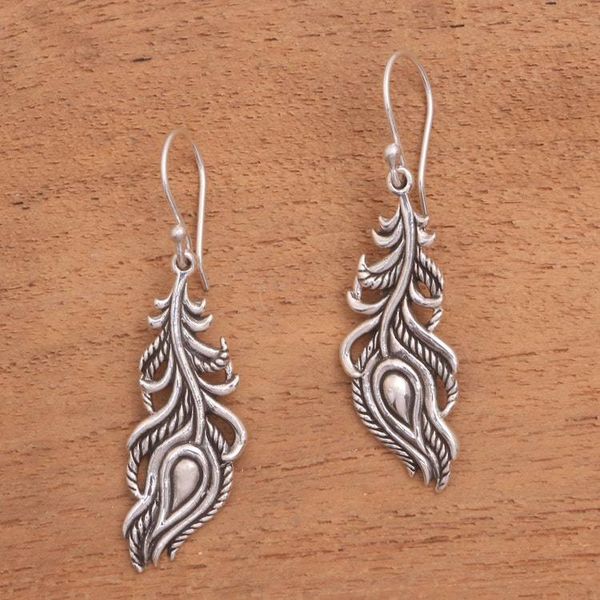 Alternate image for Sterling Silver Peacock Feather Dangle Earrings from Bali Peacock Luck