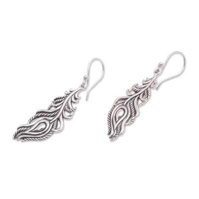 Alternate image for Sterling Silver Peacock Feather Dangle Earrings from Bali Peacock Luck