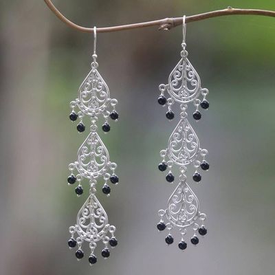 Alternate image for Sterling Silver Onyx Dangle Earrings from Indonesia Serene Dawn