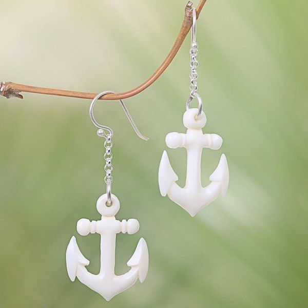 Alternate image for Hand Carved Bone Anchor Earrings Bali Artisan Jewelry Anchored