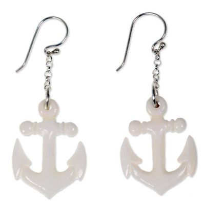 Alternate image for Hand Carved Bone Anchor Earrings Bali Artisan Jewelry Anchored