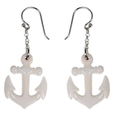 Alternate image for Hand Carved Bone Anchor Earrings Bali Artisan Jewelry Anchored