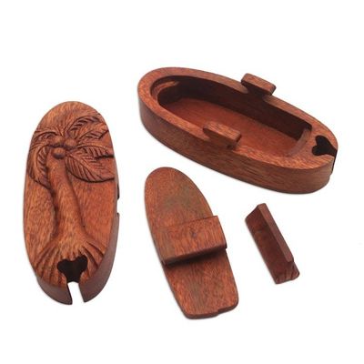 Alternate image for Hand Carved Wood Puzzle Box with Palm Tree Coconut Palm