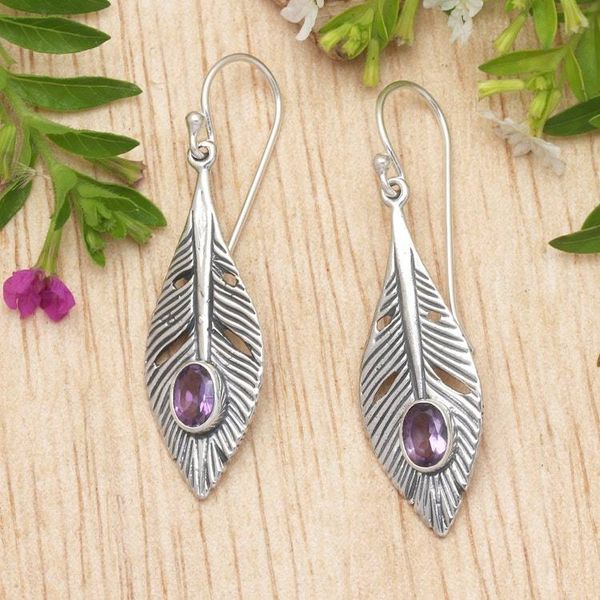 Alternate image for Amethyst and Silver Feather Dangle Earrings from Bali Glittering Feathers