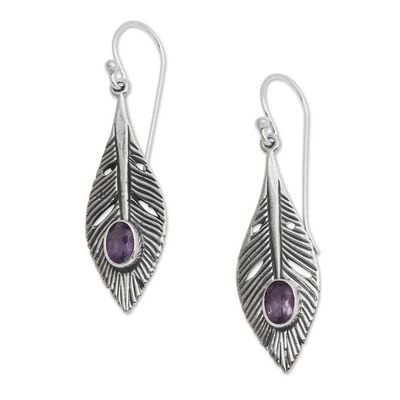 Alternate image for Amethyst and Silver Feather Dangle Earrings from Bali Glittering Feathers