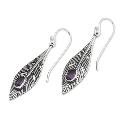 Alternate image for Amethyst and Silver Feather Dangle Earrings from Bali Glittering Feathers