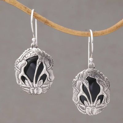 Primary image for Balinese Onyx and Sterling Silver Calla Lily Dangle Earrings Floral Plains