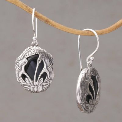 Alternate image for Balinese Onyx and Sterling Silver Calla Lily Dangle Earrings Floral Plains
