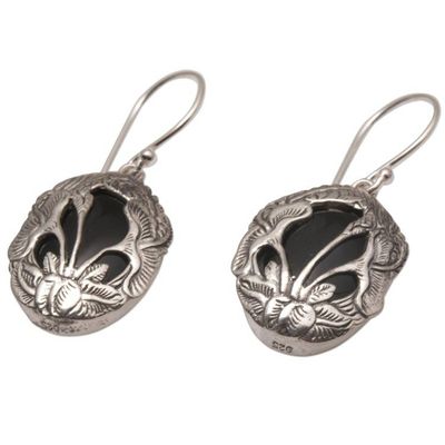Alternate image for Balinese Onyx and Sterling Silver Calla Lily Dangle Earrings Floral Plains